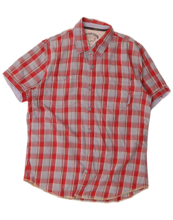 Tommy Hilfiger Camisa de manga corta para hombre de algodón a cuadros rojos grandes