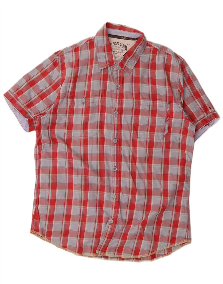 Tommy Hilfiger Camisa de manga corta para hombre de algodón a cuadros rojos grandes