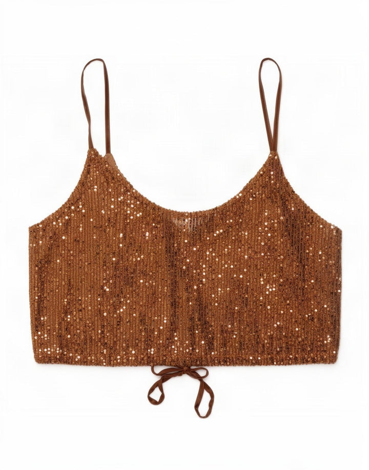Zara Top Corto De Lentejuelas Para Mujer UK 44 Poliéster Marrón Grande