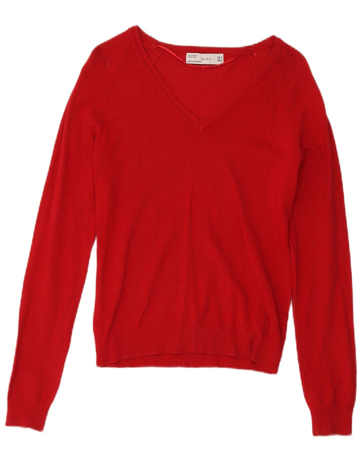 Zara - Jersey con cuello en V para mujer, talla 12, algodón rojo mediano