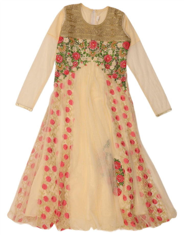 VINTAGE Mujer manga larga A-Line Vestido US 6 Medio Beige Floral