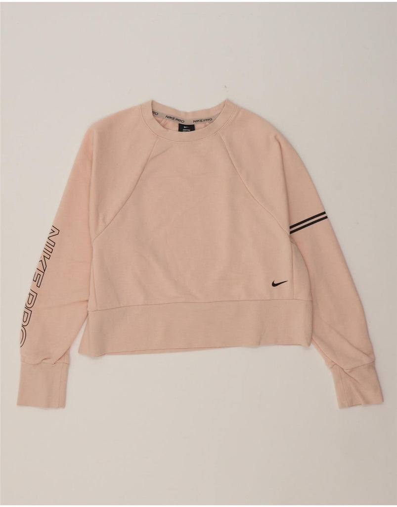 NIKE Womens Oversized Crop Graphic Sweatshirt Jumper UK 10 Small Beige Vintage Nike and Second-Hand Nike from Messina Hembry 