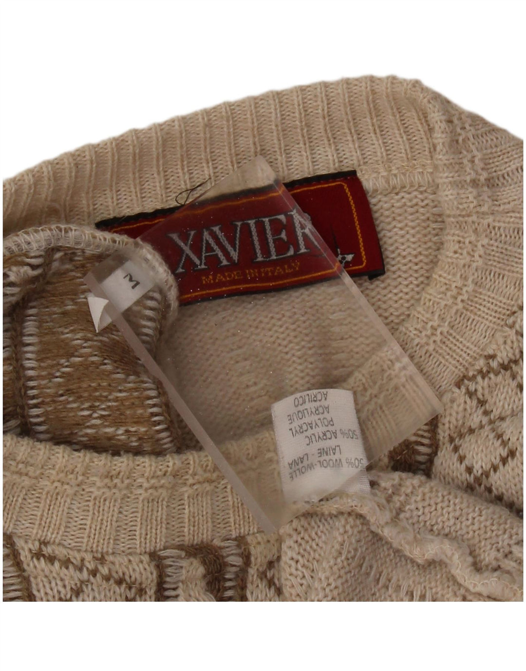 VINTAGE Jersey de cuello redondo gráfico para hombre Suéter de lana a rayas beige medio