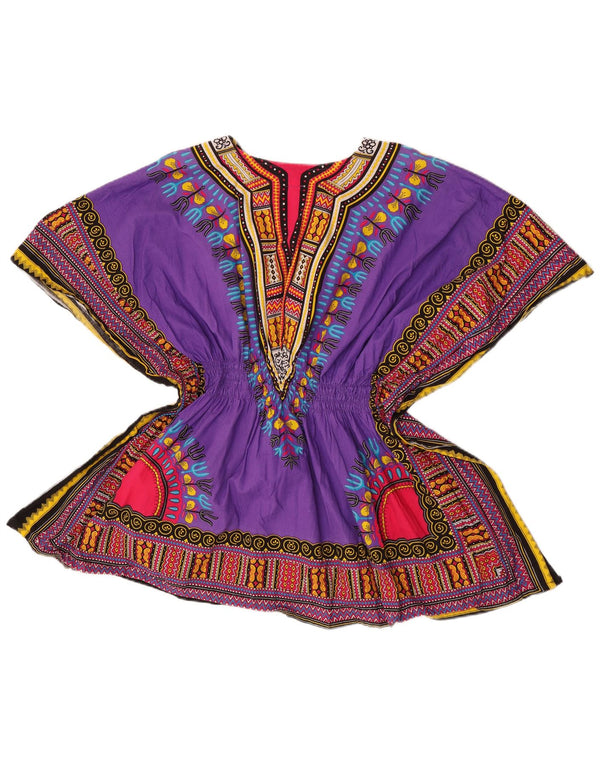 Vintage mujer playa blusa top un tamaño púrpura geométrico algodón