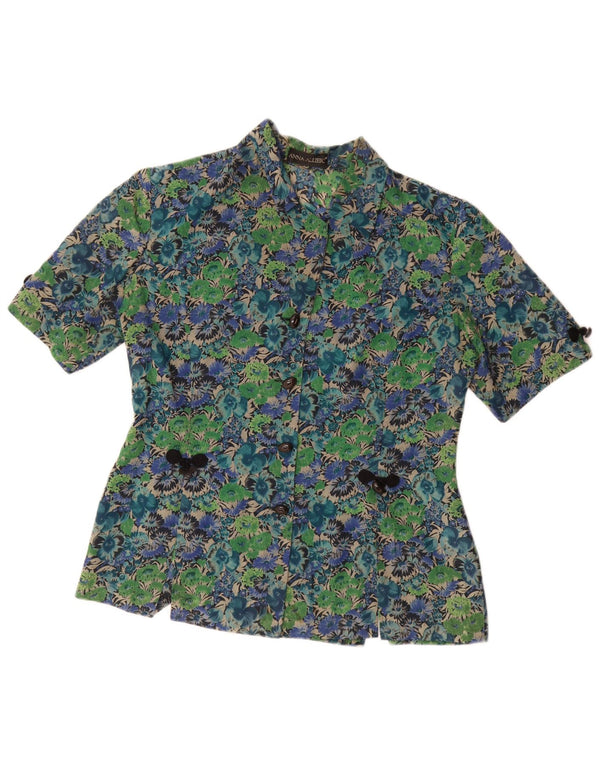 Vintage mujer camisa de manga corta blusa Reino Unido 14 acetato floral verde grande