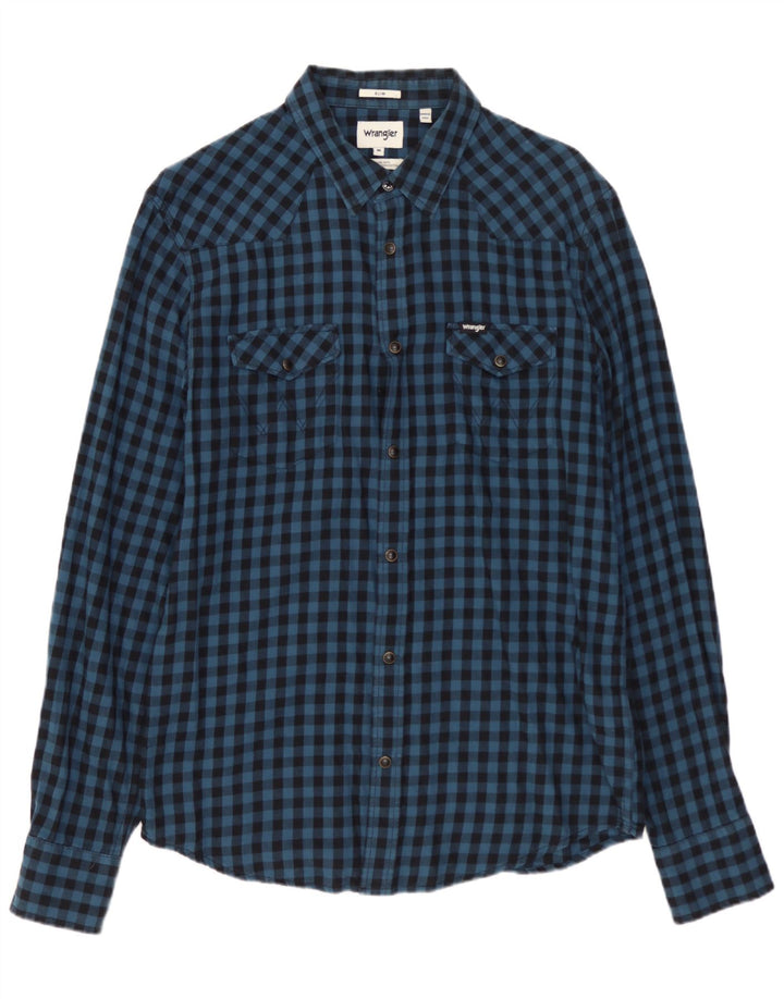 WRANGLER Camisa de franela ajustada de algodón a cuadros azul medio para hombre