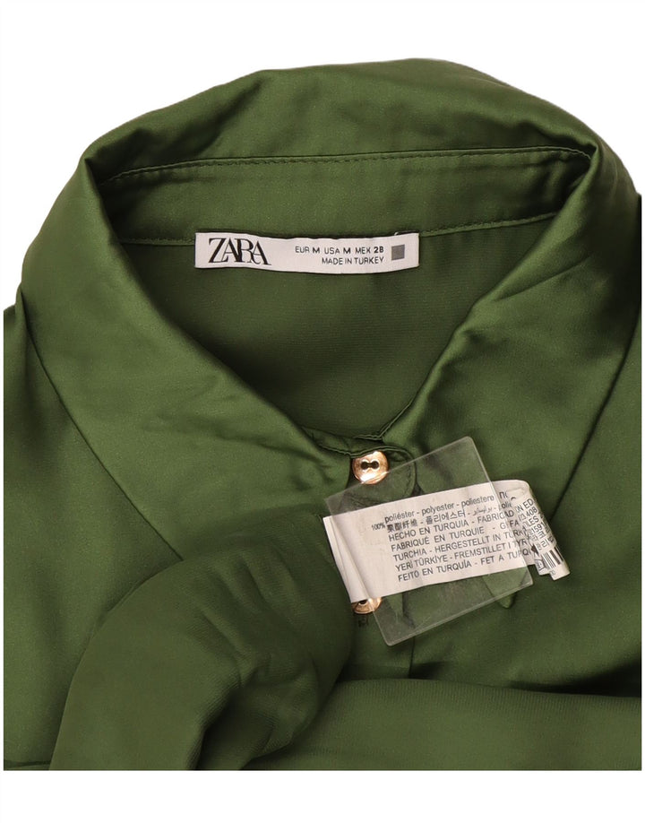 Zara Vestido Camisero Mujer UK 44 Poliéster Verde Medio