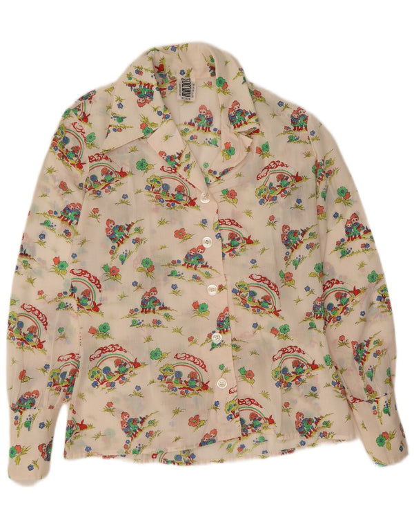 Vintage mujer camisa gráfica Reino Unido 14 algodón floral blanco medio