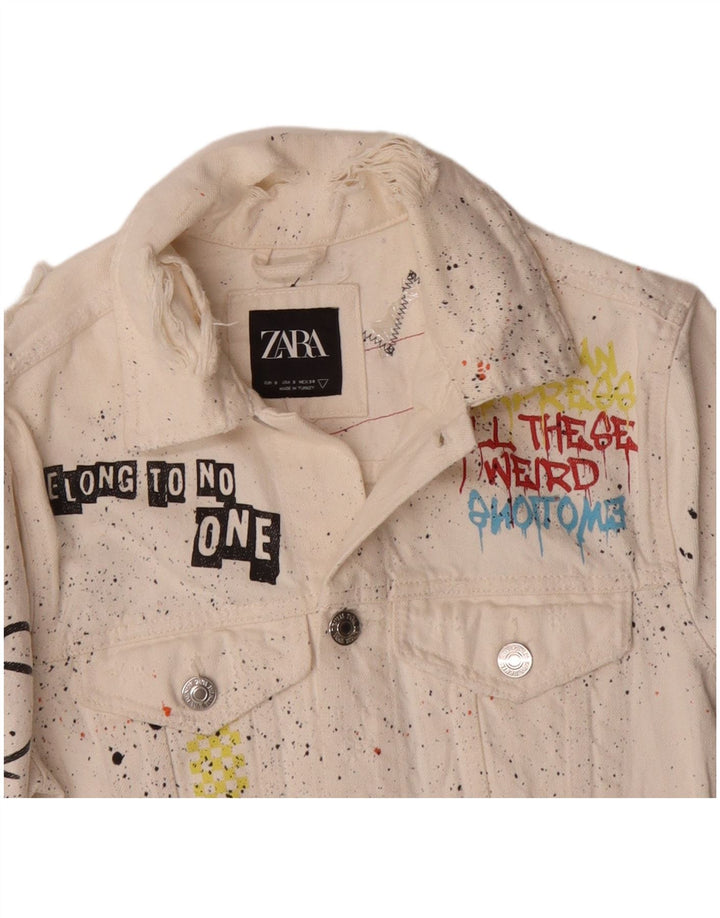 Zara Mens Graphic Denim Jacket UK 36 Small Algodón moteado blanco