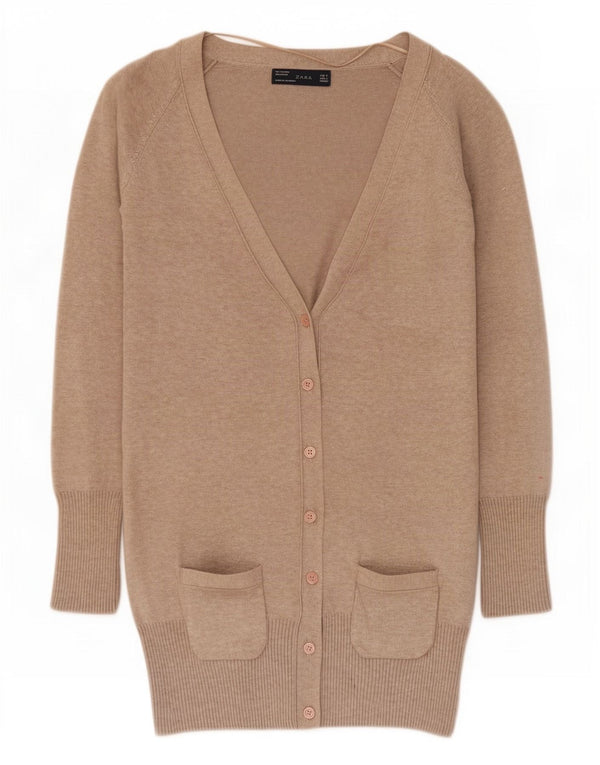 Zara Mujer Suéter Cárdigan Largo UK 10 Pequeño Algodón Moteado Beige