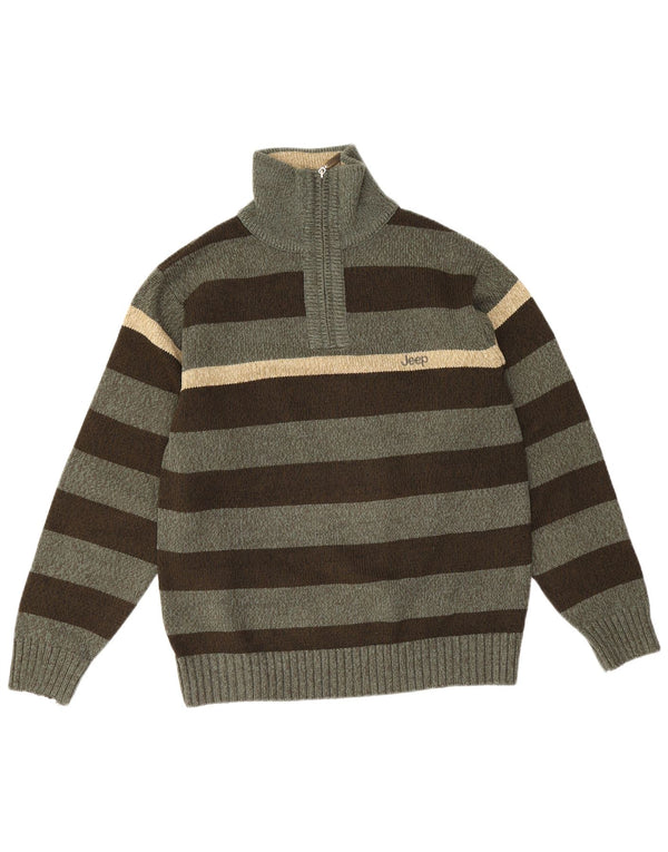 Jeep Suéter tipo jersey con cuello y cremallera para hombre, grande, a rayas verdes