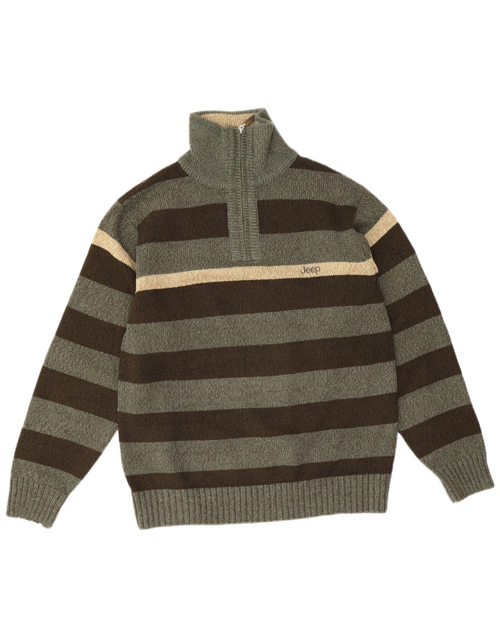 Jeep Suéter tipo jersey con cuello y cremallera para hombre, grande, a rayas verdes