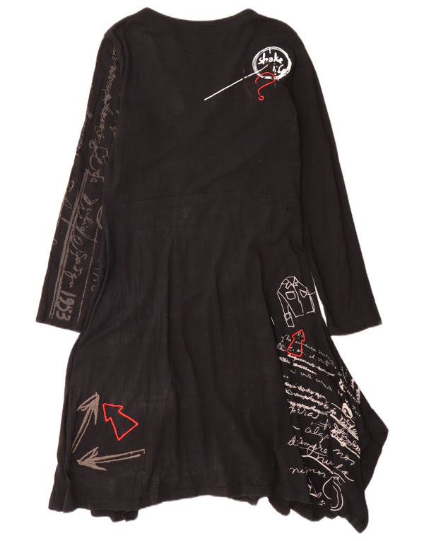 Desigual Vestido Asimétrico De Manga Larga Gráfico para Mujer UK 40 XL Negro