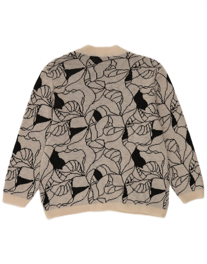 Vintage mujeres patrón abstracto cardigan suéter Reino Unido 14 gris grande