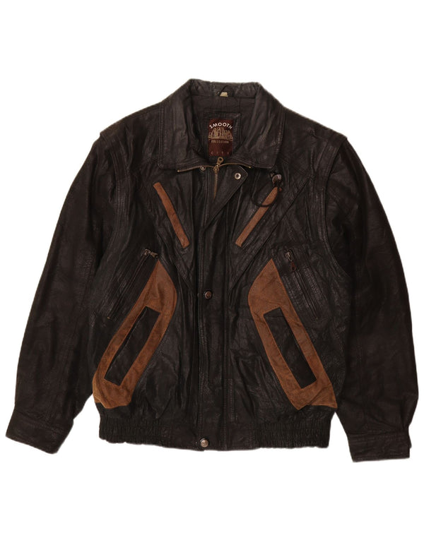 VINTAGE Chaqueta de cuero para hombre Reino Unido 40 Cuero de bloque de color negro grande