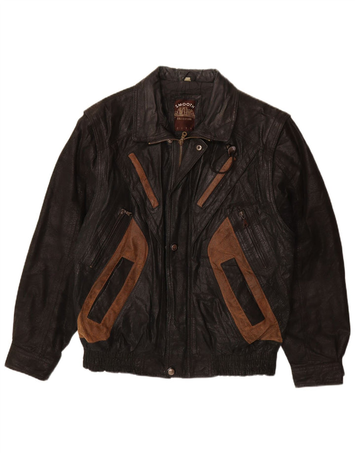 VINTAGE Chaqueta de cuero para hombre Reino Unido 40 Cuero de bloque de color negro grande