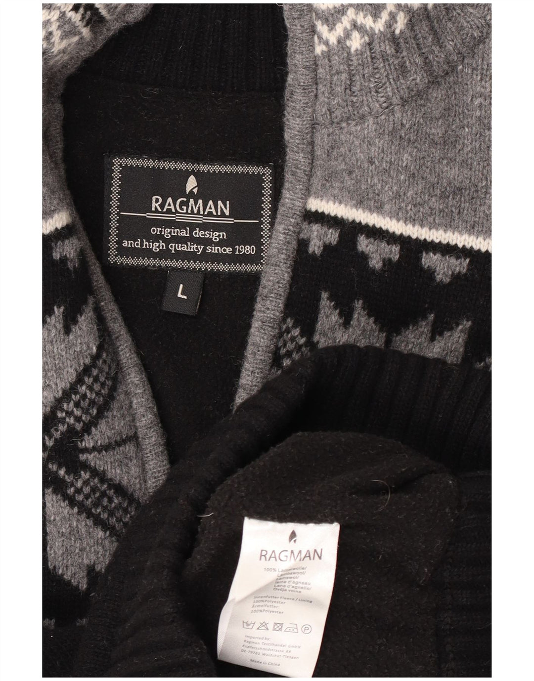 Ragman - Jersey para hombre con cuello y cremallera, talla grande, lana de cordero Fair Isle negra