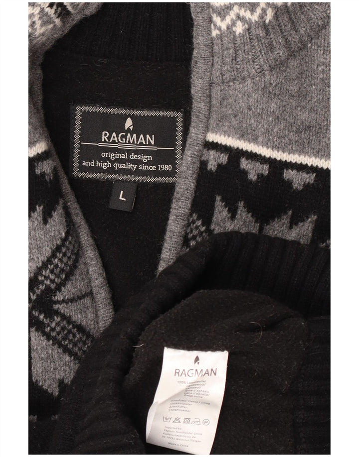 Ragman - Jersey para hombre con cuello y cremallera, talla grande, lana de cordero Fair Isle negra