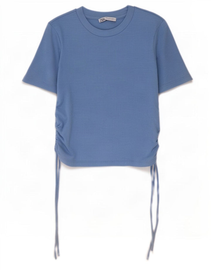 Zara Mujer Blusa Corta Top UK 42 Poliéster Azul Medio