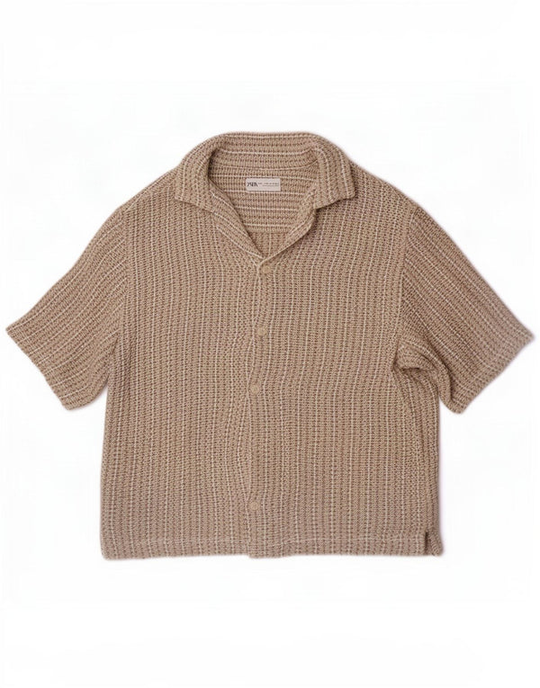 Zara Camisa Punto Manga Corta Hombre Algodón Beige Medio