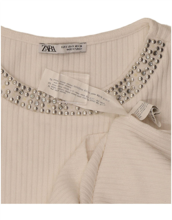 ZARA Mujer Camiseta Corta Top UK 8 Small Blanco Poliéster