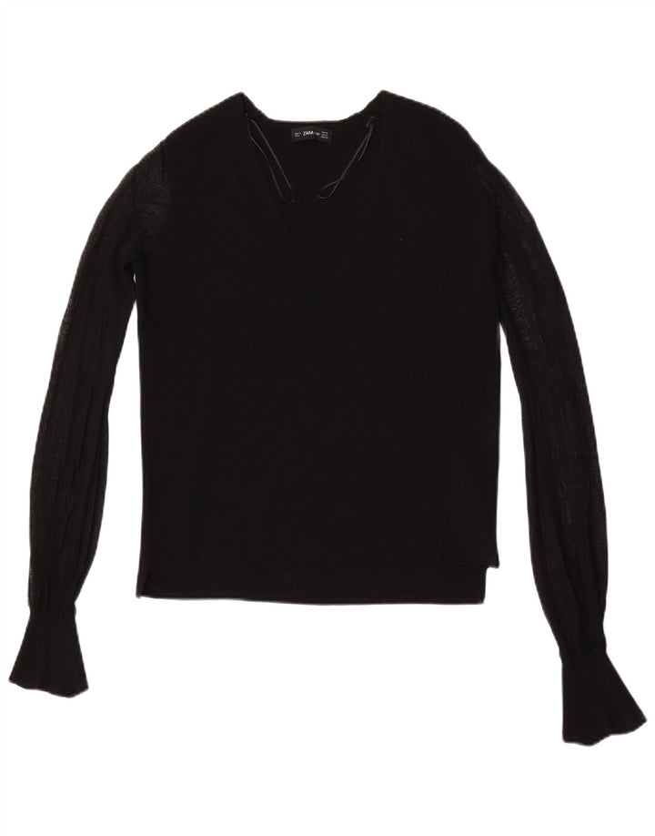 Zara Mujer Top Manga Larga UK 40 Small Viscosa Negra