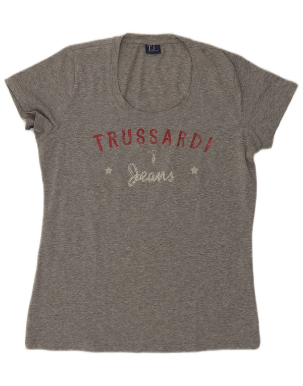 Trussardi Jeans Mujer Camiseta Gráfica Top UK 44 Grande Gris Algodón