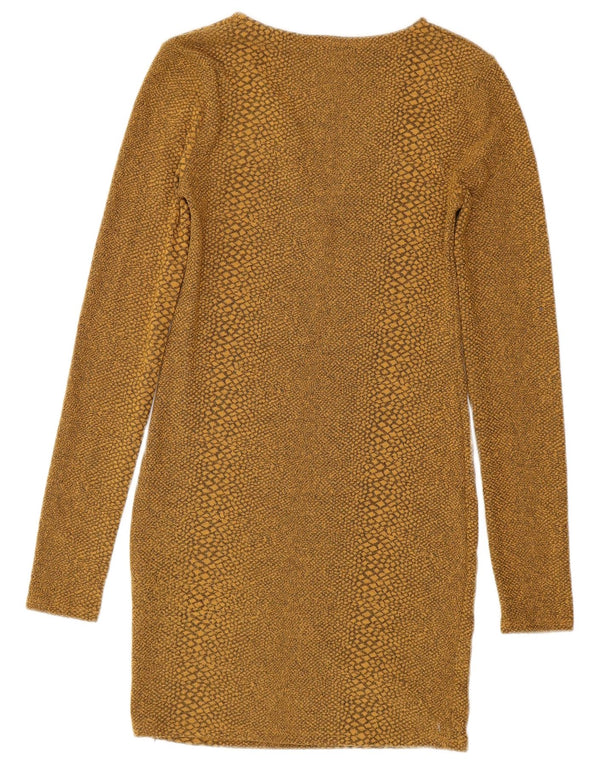 ZARA Vestido ajustado de manga larga para mujer UK 8 Small Amarillo Estampado animal