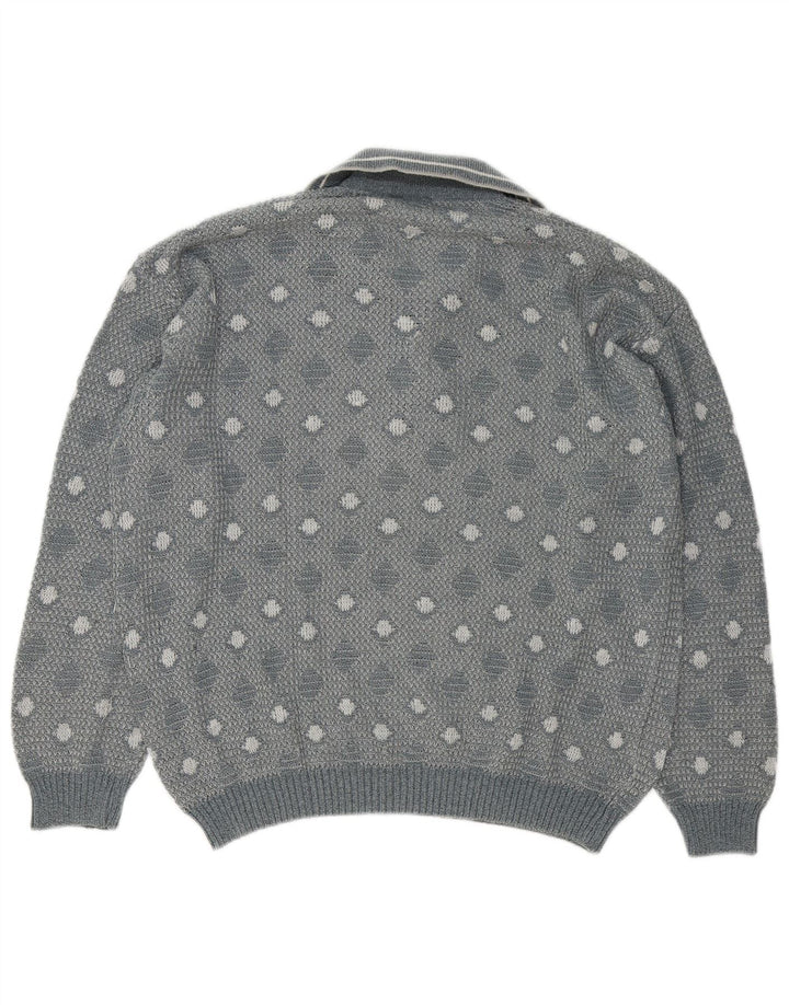 Vintage hombres polo cuello jersey suéter grande gris geométrico