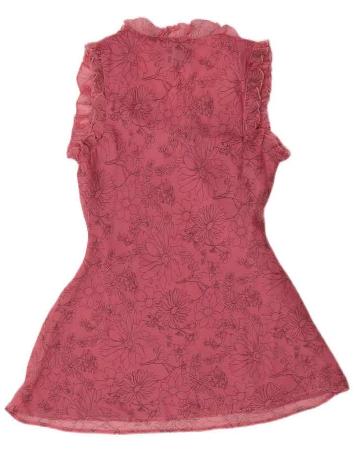 Vintage mujer sin mangas A-Line vestido Reino Unido 10 pequeño poliéster floral rosa