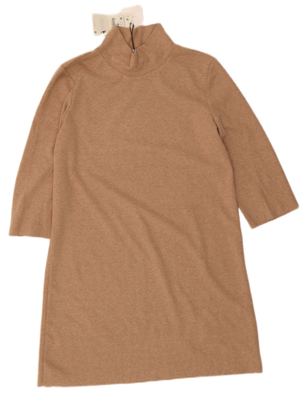 Zara Mujer Vestido Acampanado Manga 3/4 UK 42 Poliéster Beige Medio