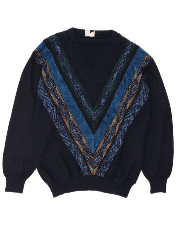 Vintage hombres V-cuello jumper suéter grande azul marino geométrico poliacrílico
