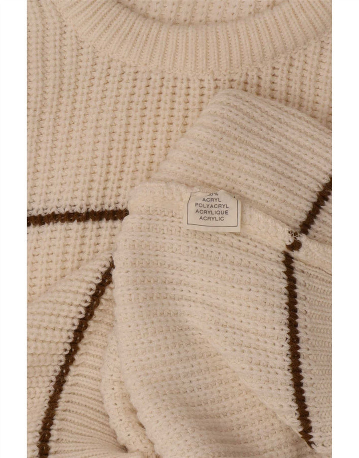Vintage hombres cuello redondo jersey suéter medio apagado blanco rayas acrílico