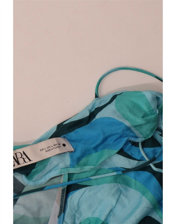 Zara Mujer Vestido De Tirantes Con Estampado Abstracto UK 40 Grande Viscosa Con Bloques De Color Azul