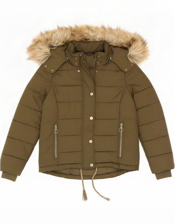 Topshop Chaqueta acolchada con capucha para mujer UK 8 Small Green Poliéster