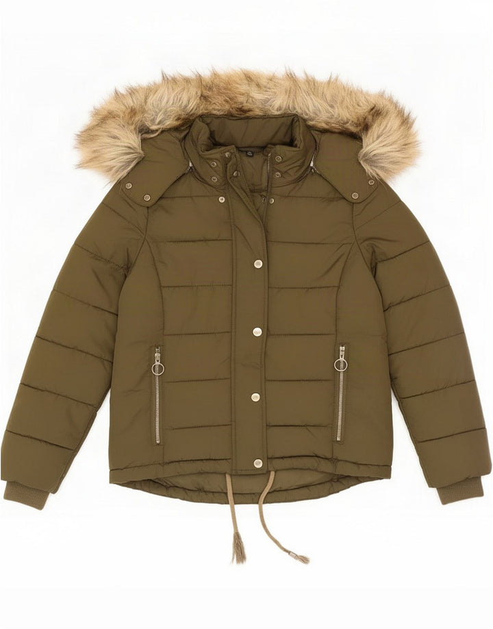 Topshop Chaqueta acolchada con capucha para mujer UK 8 Small Green Poliéster