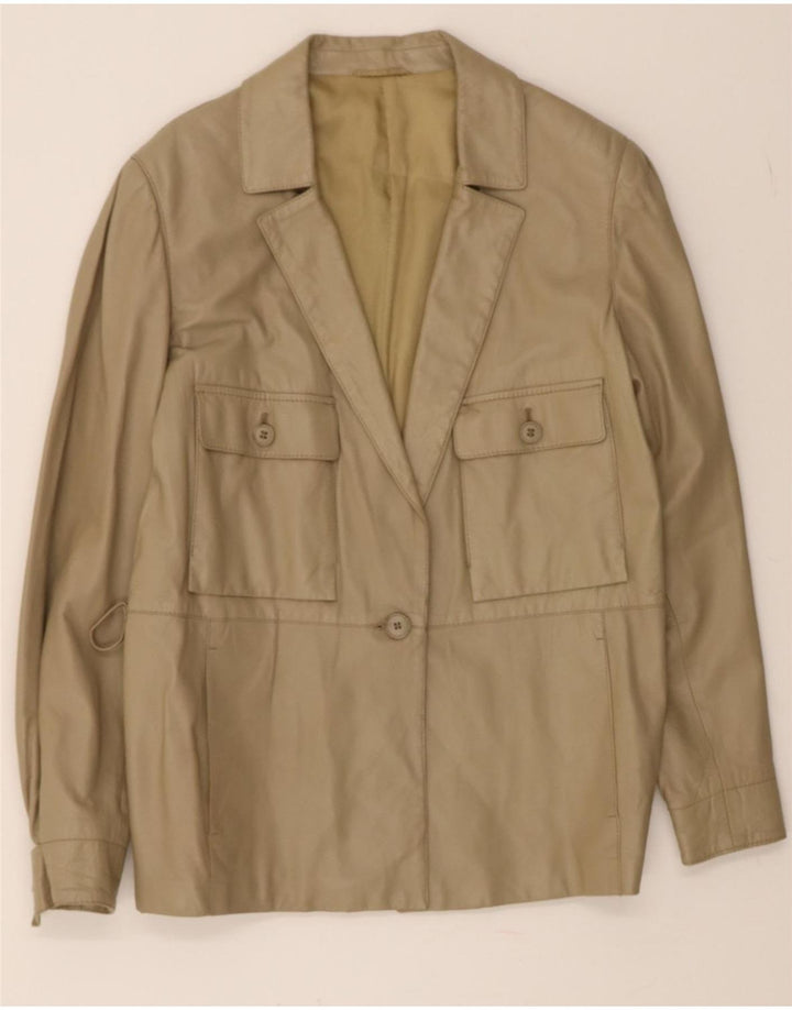 VINTAGE Womens Leather 1 Button Blazer Jacket UK 14 Large Beige Leather Vintage Vintage and Second-Hand Vintage from Messina Hembry 
