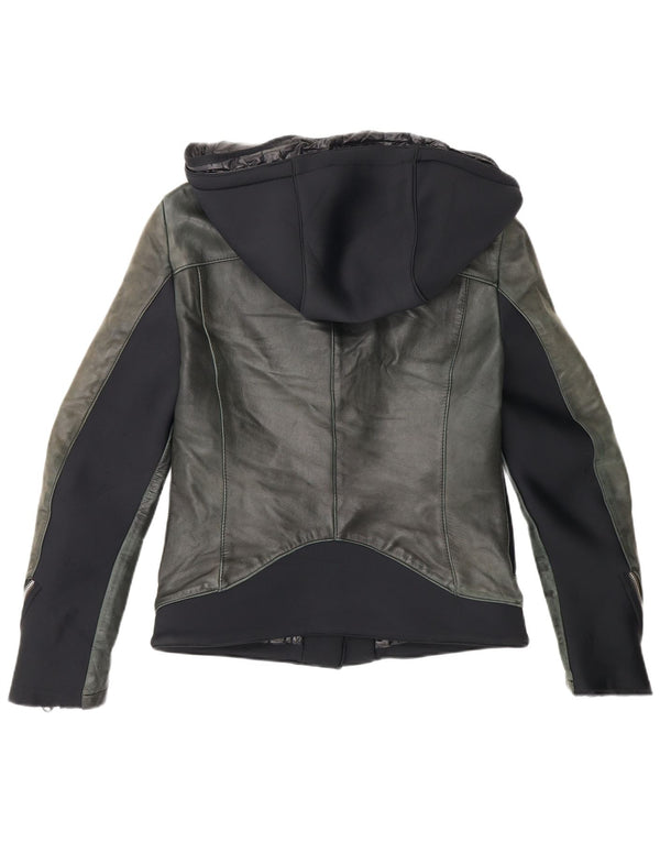 Delan Womens Hooded Leather Biker Jacket IT 42 Medium Green Colourblock