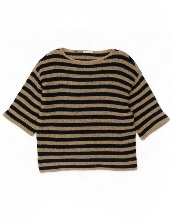 Zara Jersey de manga corta con cuello barco para mujer, talla 40, talla grande, color negro a rayas
