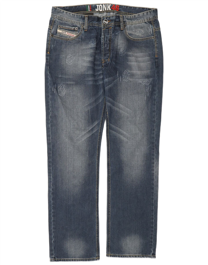 Vintage hombres desgastados jeans rectos IT 54 2XL W36 L34 Algodón azul