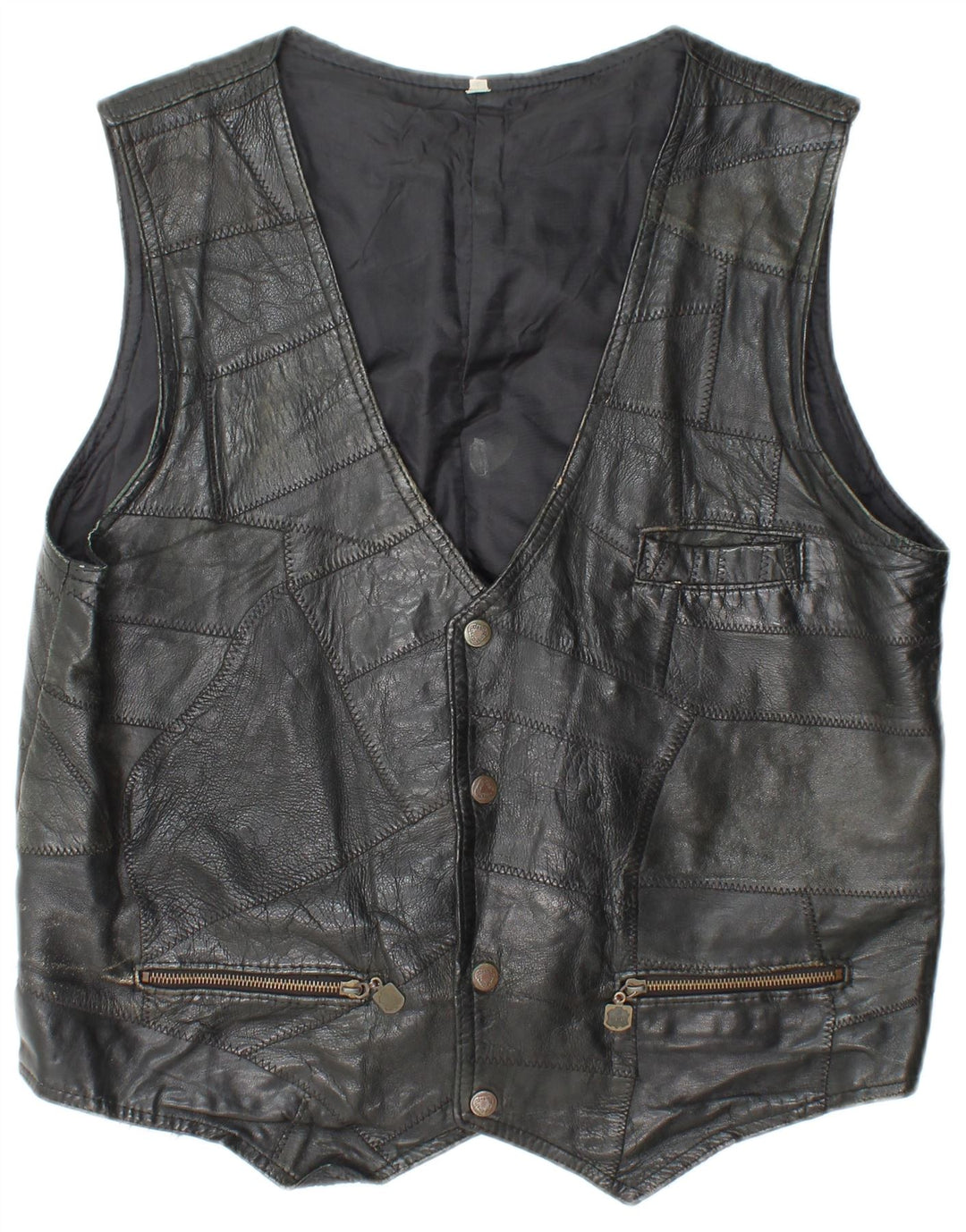 VINTAGE Mens Leather Waistcoat Medium Black Patchwork