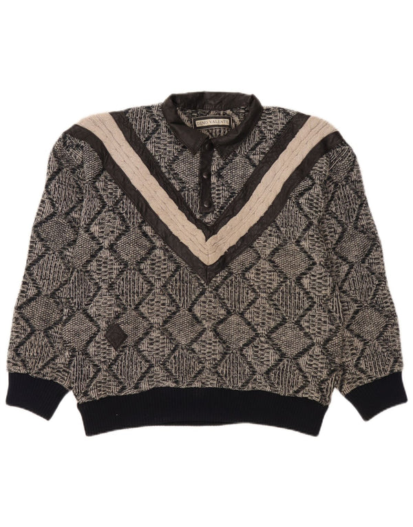 Vintage hombres polo cuello jersey suéter pequeño gris geométrico acrílico