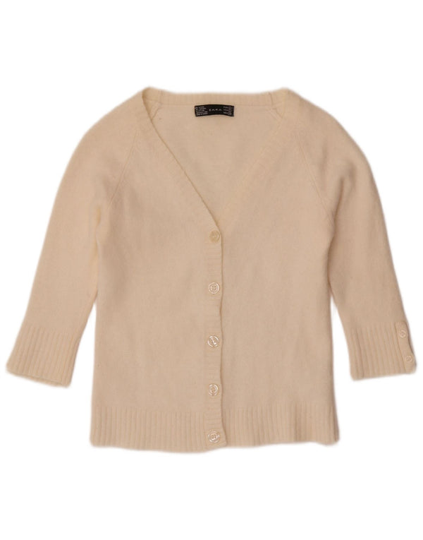 Zara Mujer Crop Cárdigan De Manga 3/4 Suéter UK 44 Grande De Lana Blanca