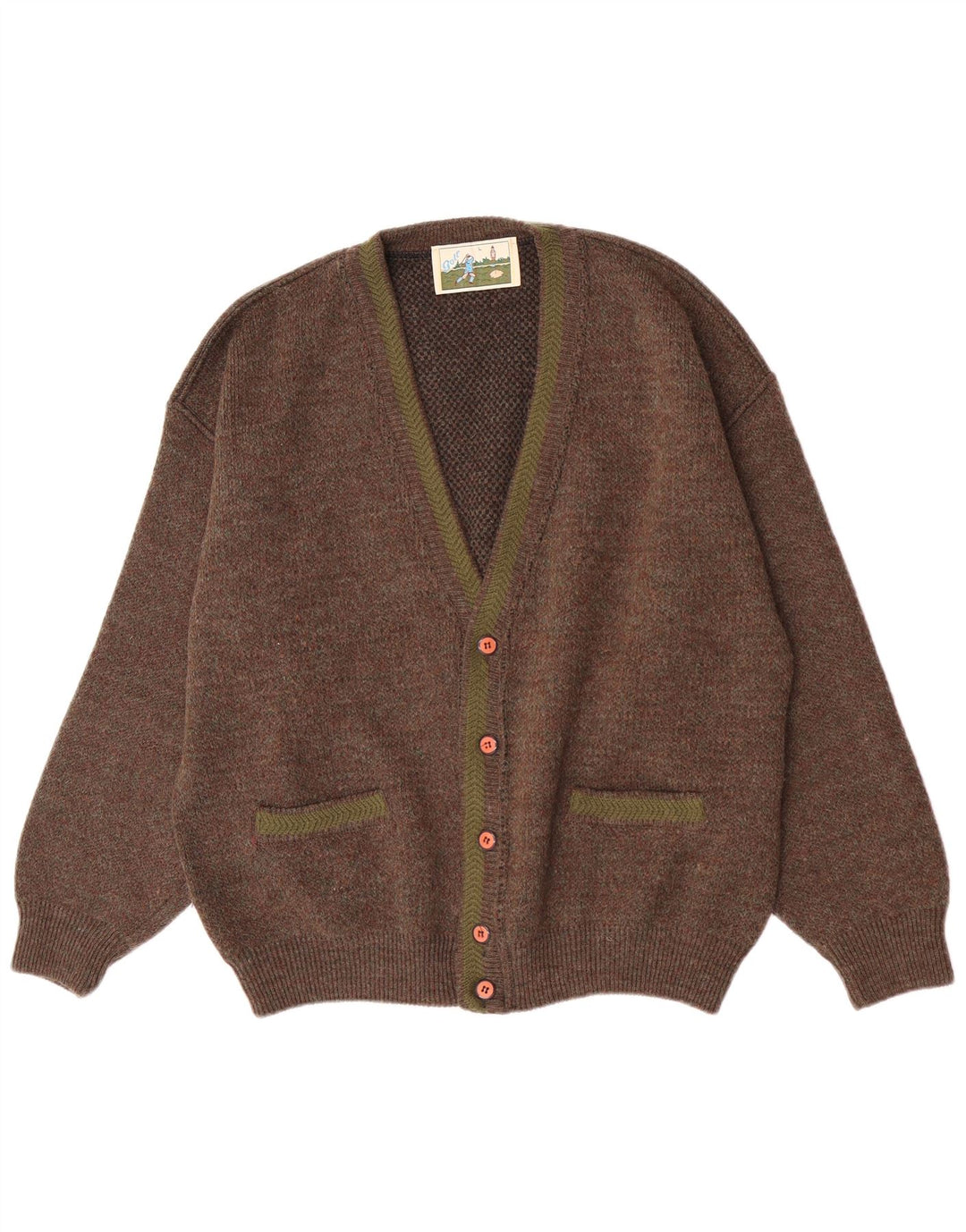 Vintage hombres Cardigan suéter grande marrón moteado