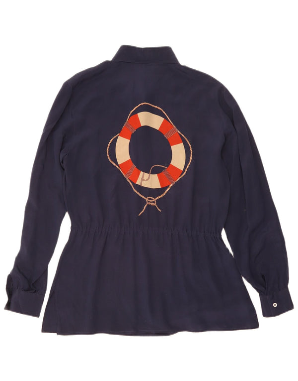Vintage mujer gráfico pullover camisa Reino Unido 14 azul marino medio