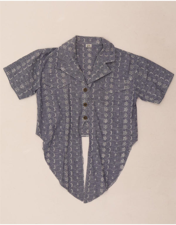 Vintage mujer crop manga corta camisa blusa Reino Unido 12 medio azul floral