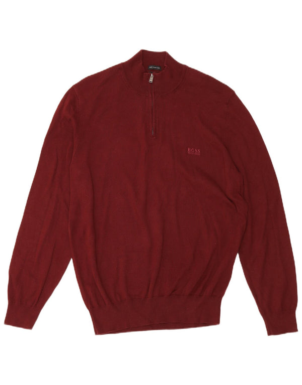 Hugo Boss Jersey con cuello y cremallera para hombre, suéter grande de algodón burdeos