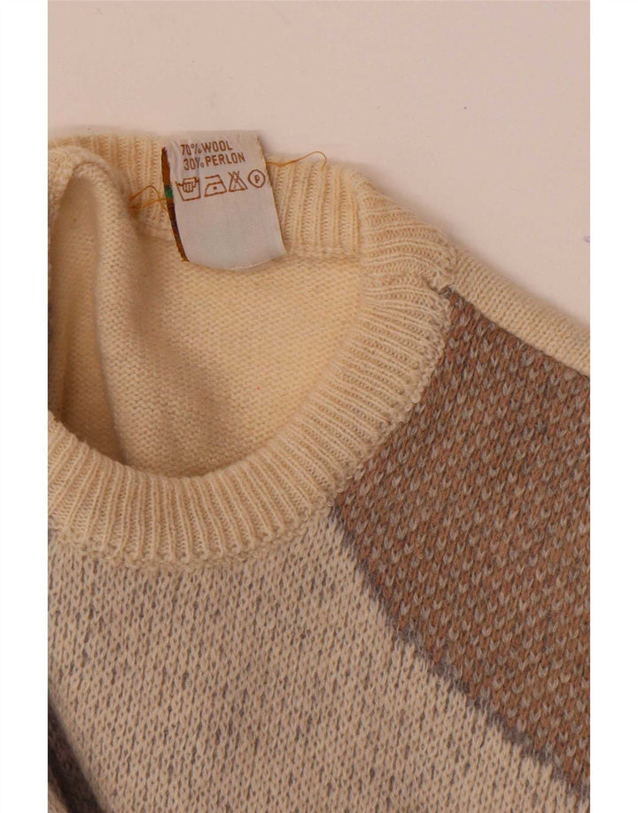 Vintage hombres cuello redondo jersey suéter medio de lana geométrica blanca
