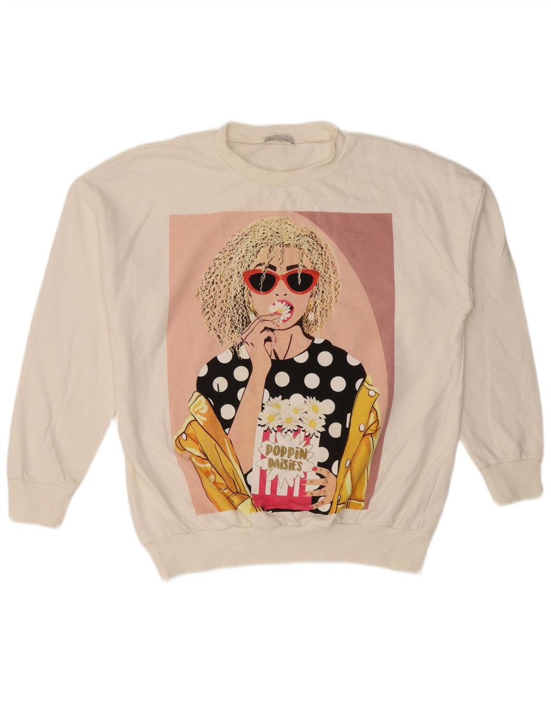 Zara Mujer Gráfico Sudadera De Gran Tamaño Jersey Reino Unido 10 Pequeño Algodón Blanco