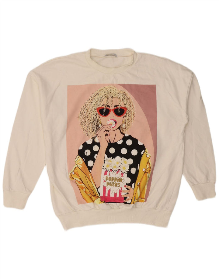 Zara Mujer Gráfico Sudadera De Gran Tamaño Jersey Reino Unido 10 Pequeño Algodón Blanco